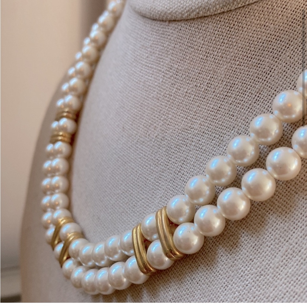 Double Strand Faux Pearl Necklace with Gold Accents